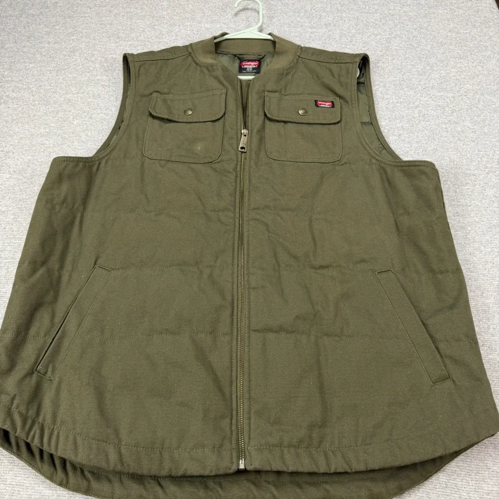 Wrangler Workwear Mens XL Canvas Quilted Utility Vest Olive Green Full Zip